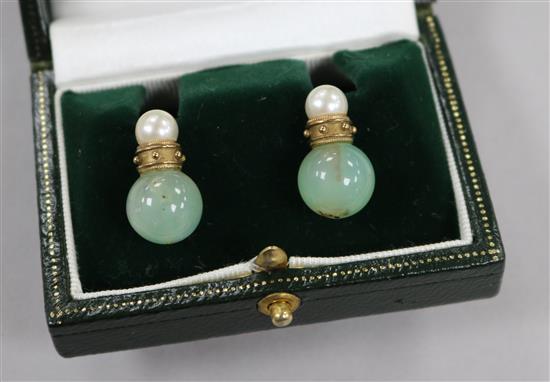 A pair of cultured pearl and green chalcedony bead ear studs, in Richard Ogden, Burlington Arcade, box, 21mm.